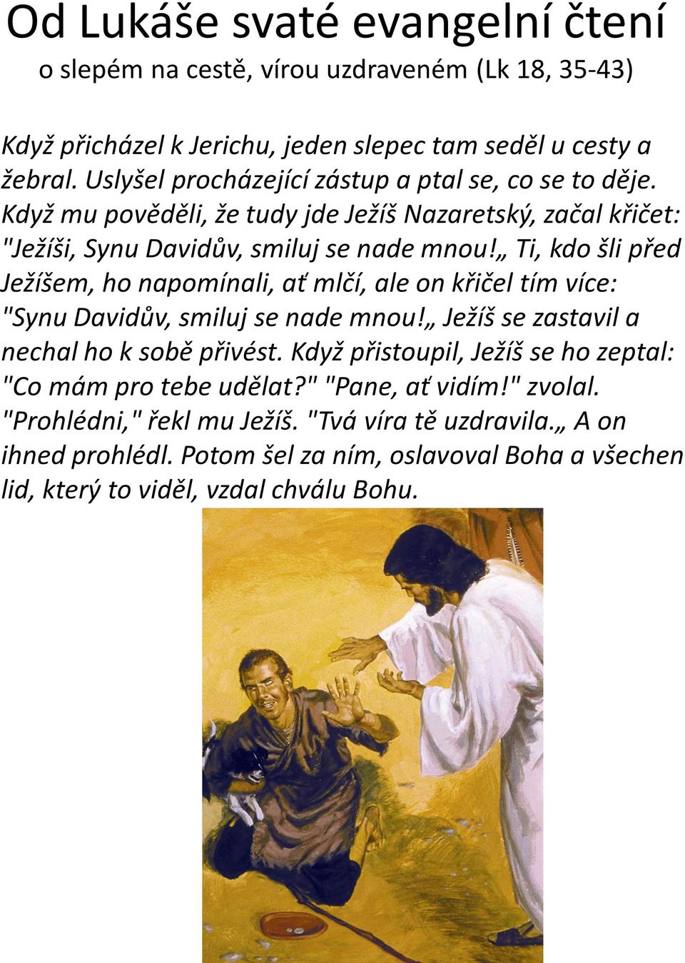 Ti, kdo šli před Ježíšem, ho napomínali, ať mlčí, ale on křičel tím více: "Synu Davidův, smiluj se nade mnou! Ježíš se zastavil a nechal ho k sobě přivést.