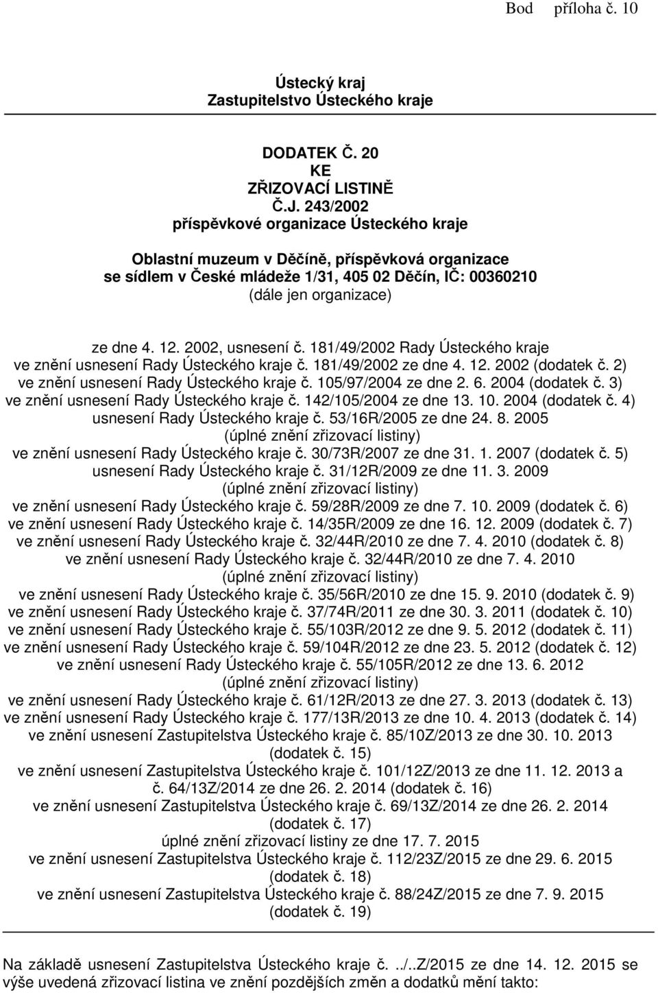 2002, usnesení č. 181/49/2002 Rady Ústeckého kraje ve znění usnesení Rady Ústeckého kraje č. 181/49/2002 ze dne 4. 12. 2002 (dodatek č. 2) ve znění usnesení Rady Ústeckého kraje č.