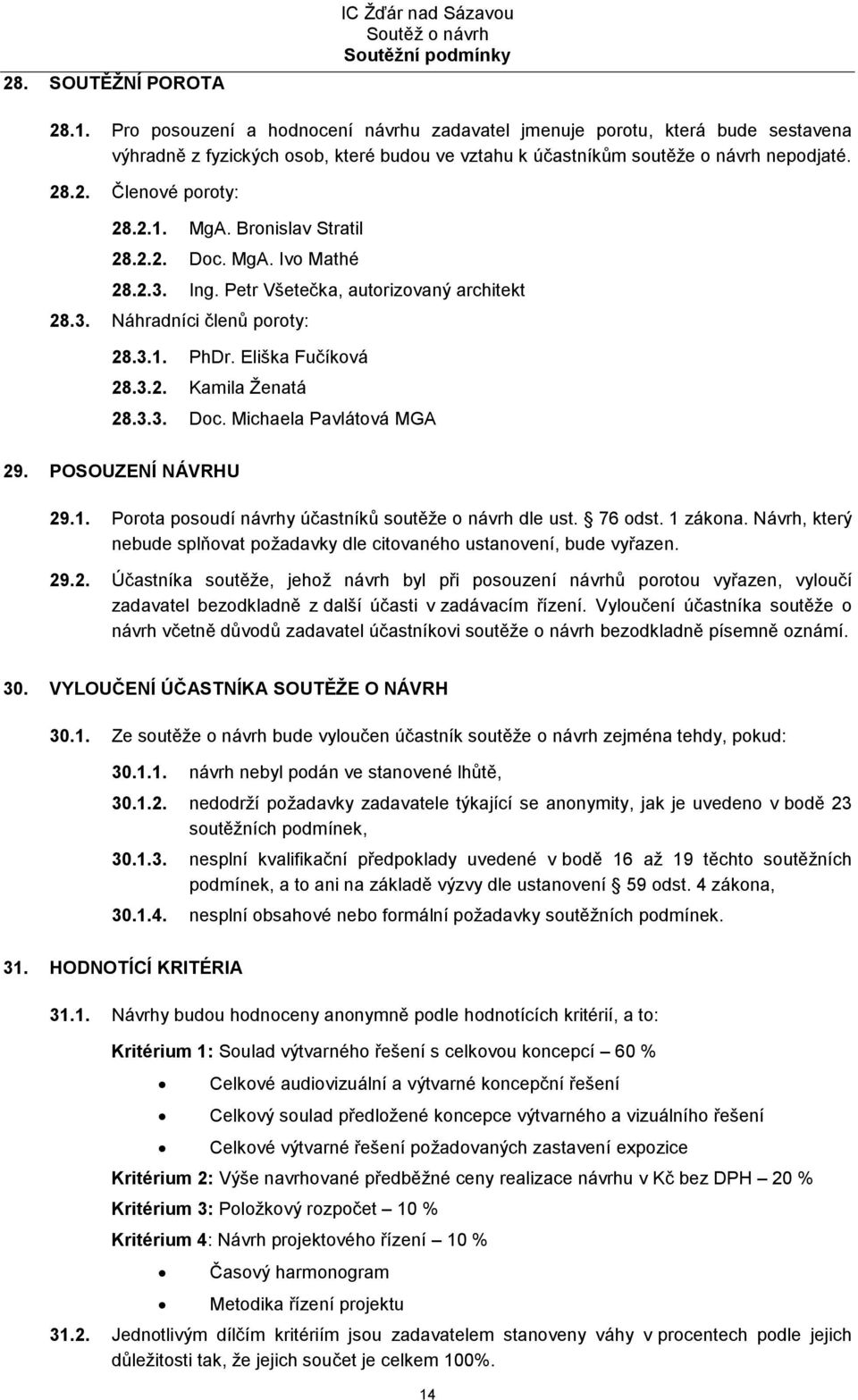 MgA. Bronislav Stratil 28.2.2. Doc. MgA. Ivo Mathé 28.2.3. Ing. Petr Všetečka, autorizovaný architekt 28.3. Náhradníci členů poroty: 28.3.1. PhDr. Eliška Fučíková 28.3.2. Kamila Ženatá 28.3.3. Doc. Michaela Pavlátová MGA 29.