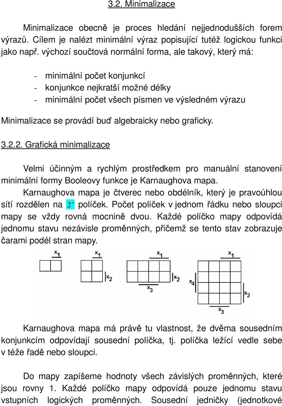 algebraicky nebo graficky. 3.2.2. Grafická minimalizace Velmi účinným a rychlým prostředkem pro manuální stanovení minimální formy Booleovy funkce je Karnaughova mapa.