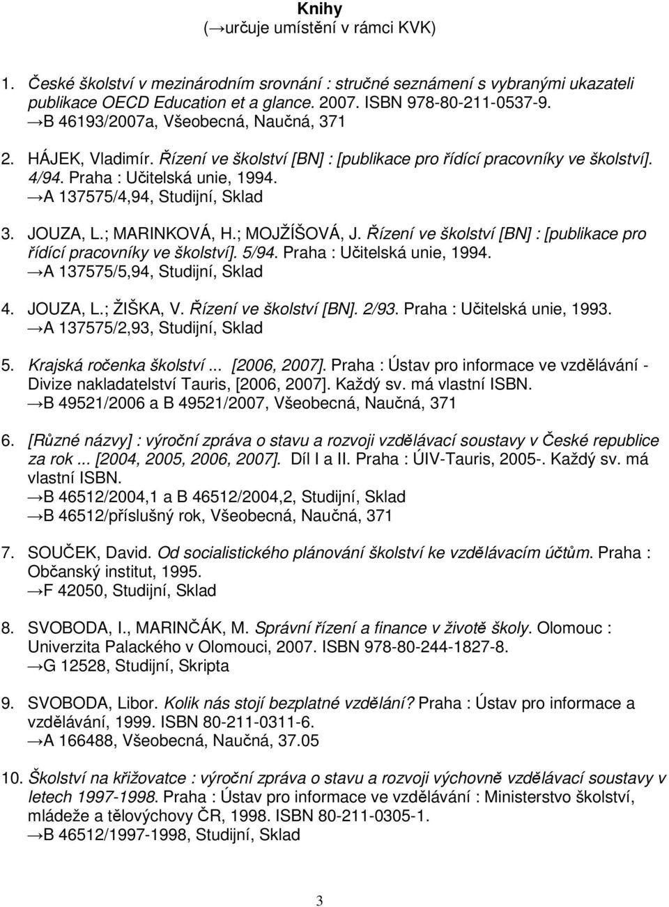 JOUZA, L.; MARINKOVÁ, H.; MOJŽÍŠOVÁ, J. Řízení ve školství [BN] : [publikace pro řídící pracovníky ve školství]. 5/94. Praha : Učitelská unie, 1994. A 137575/5,94, Studijní, Sklad 4. JOUZA, L.