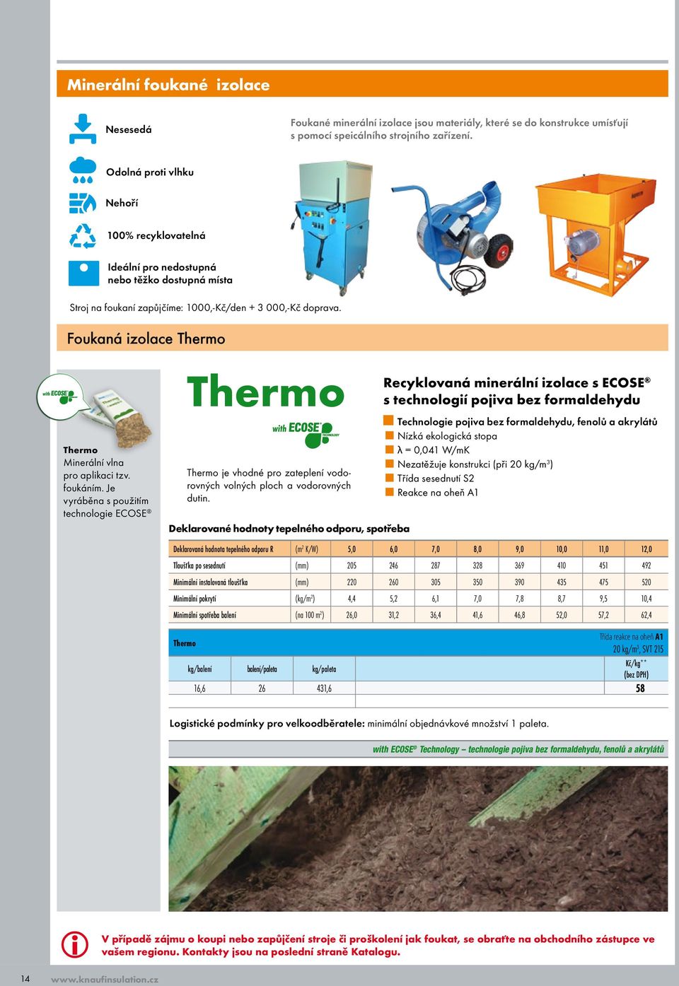 Foukaná izolace Thermo Thermo Minerální vlna pro aplikaci tzv. foukáním. Je vyráběna s použitím technologie ECOSE Thermo Thermo je vhodné pro zateplení vodorovných volných ploch a vodorovných dutin.