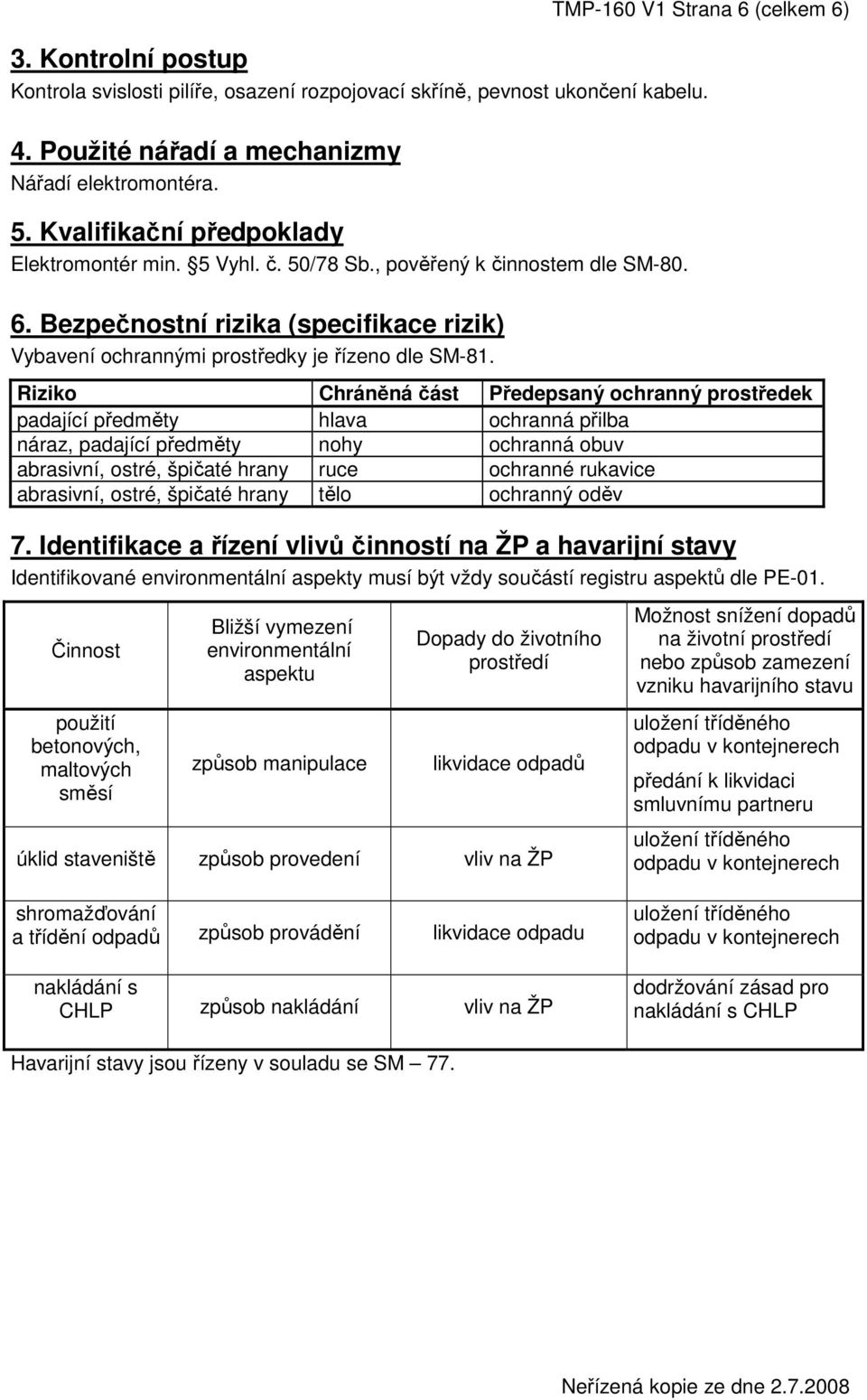 Riziko Chráněná část Předepsaný ochranný prostředek padající předměty hlava ochranná přilba náraz, padající předměty nohy ochranná obuv abrasivní, ostré, špičaté hrany ruce ochranné rukavice