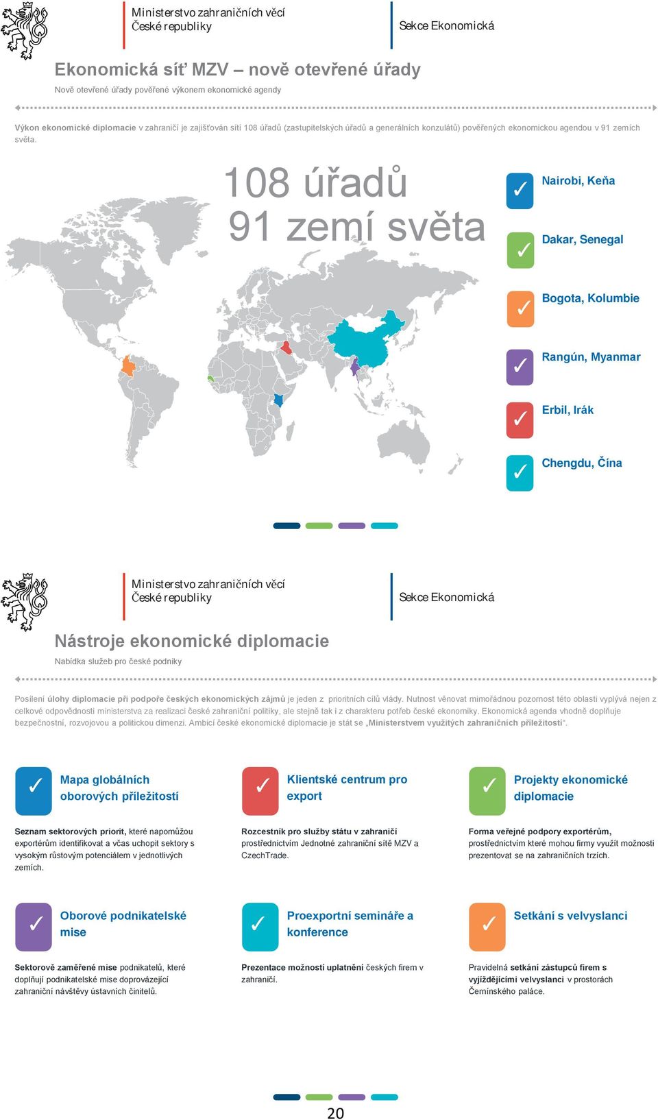 108 úřadů 91 zemí světa Nairobi, Keňa Dakar, Senegal Bogota, Kolumbie Rangún, Myanmar Erbil, Irák Chengdu, Čína Ministerstvo zahraničních věcí České republiky Sekce Ekonomická 4 Nástroje ekonomické