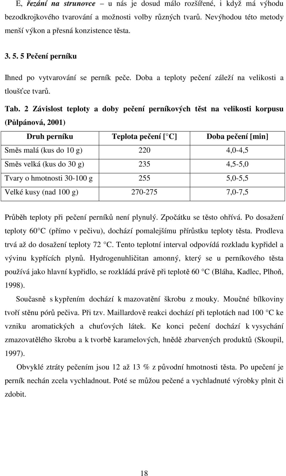 2 Závislost teploty a doby pečení perníkových těst na velikosti korpusu (Půlpánová, 2001) Druh perníku Teplota pečení [ C] Doba pečení [min] Směs malá (kus do 10 g) 220 4,0-4,5 Směs velká (kus do 30