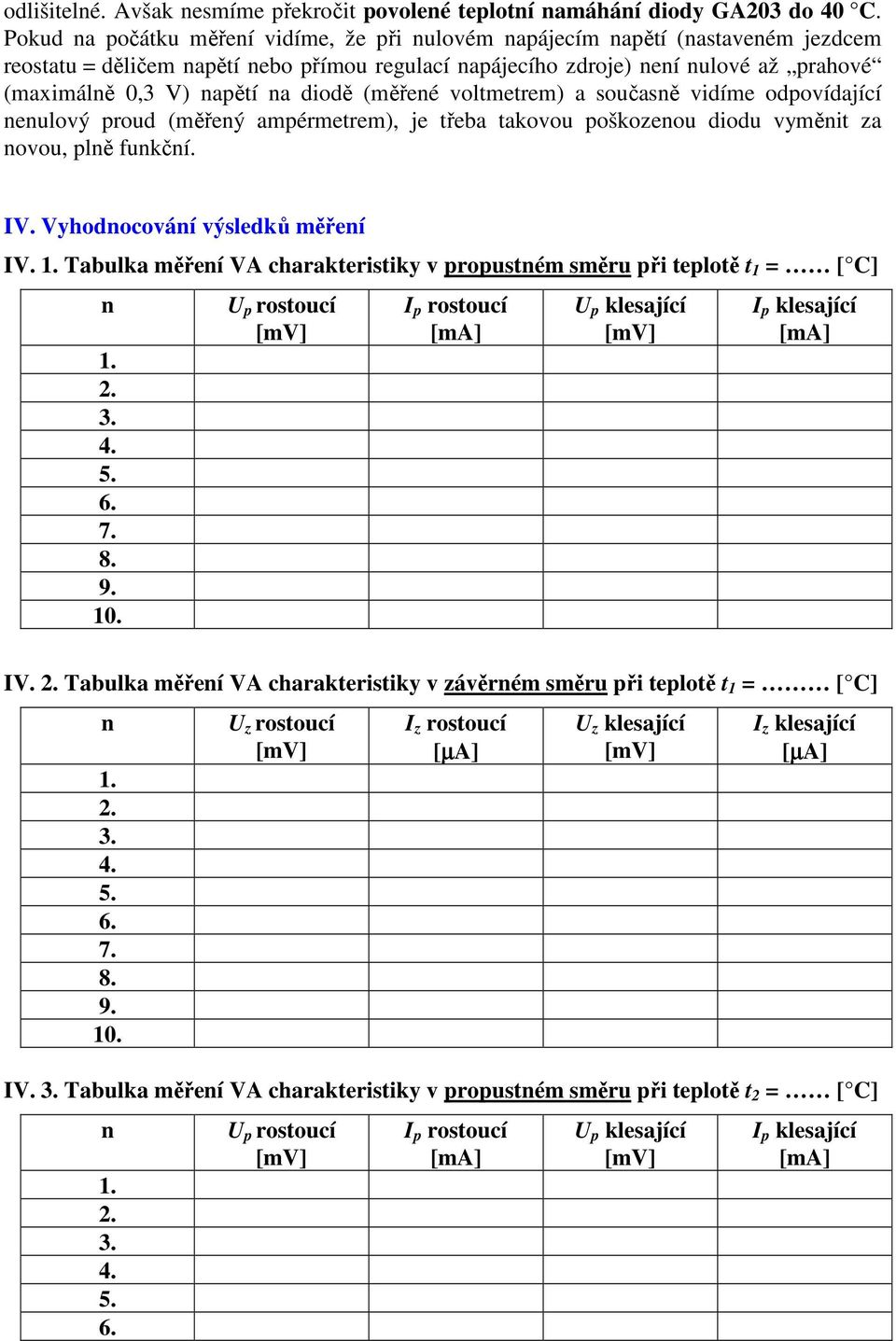 voltmetrem) a současě vidíme odpovídající eulový proud (měřeý ampérmetrem), je třeba takovou poškozeou diodu vyměit za ovou, plě fukčí. IV. Vyhodocováí výsledků měřeí IV.