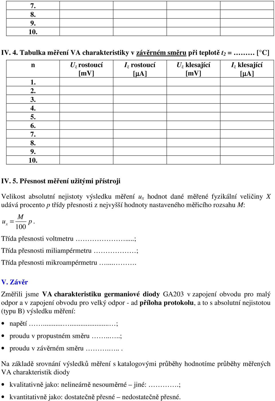 p. 100 Třída přesosti voltmetru...; Třída přesosti miliampérmetru ; Třída přesosti mikroampérmetru.... V.
