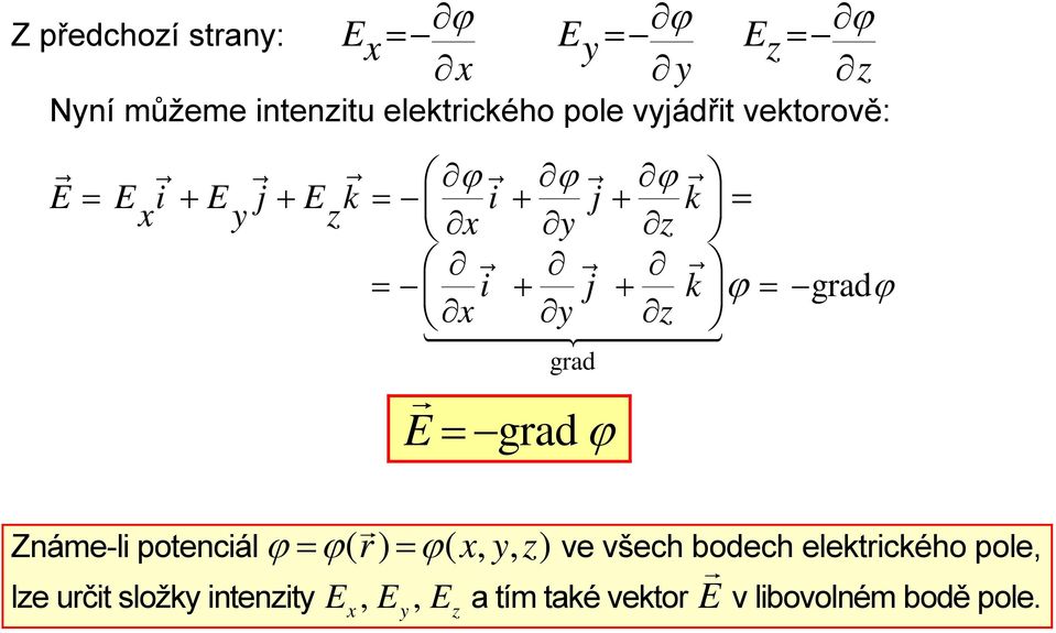 x y z E grad = grad ϕ Známe-l potencál ϕ = ϕ( r) = ϕ( x, y, z) ve všech bodech