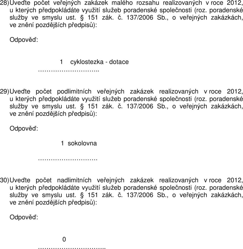 . 29) Uveďte počet podlimitních veřejných zakázek realizovaných v roce 2012, u kterých předpokládáte využití služeb poradenské společnosti (roz. poradenské služby ve smyslu ust. 151 zák. č.