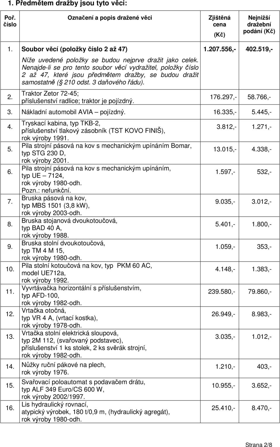 3 daňového řádu). Traktor Zetor 72-45; příslušenství radlice; traktor je pojízdný. 1.207.556,- 402.519,- 176.297,- 58.766,- 3. Nákladní automobil AVIA pojízdný. 16.335,- 5.445,- 4. 5. 6. 7. 8. 9. 10.