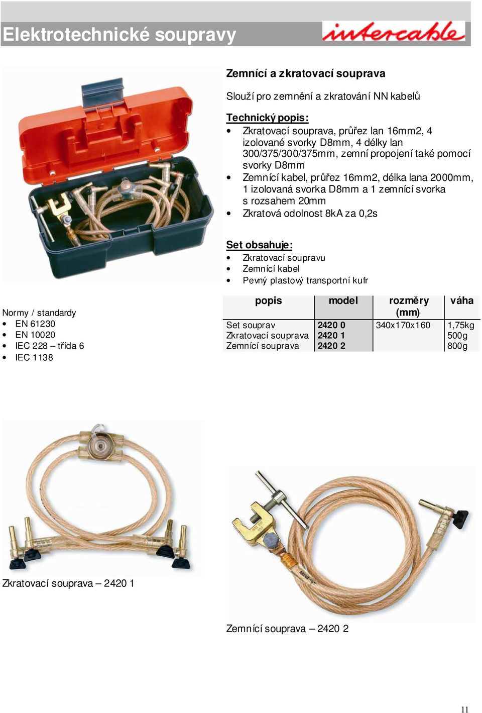 rozsahem 20mm Zkratová odolnost 8kA za 0,2s Zkratovací soupravu Zemnící kabel Pevný plastový transportní kufr EN 61230 EN 10020 IEC 228 třída 6 IEC 1138 popis