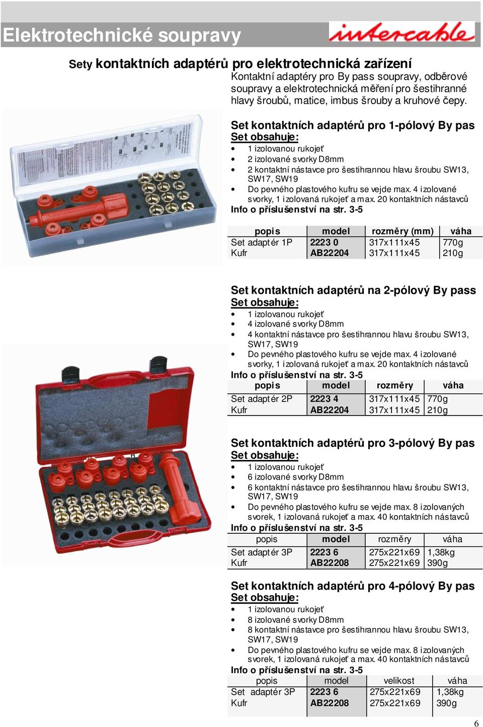 Set kontaktních adaptérů pro 1-pólový By pas 1 izolovanou rukojeť 2 izolované svorky D8mm 2 kontaktní nástavce pro šestihrannou hlavu šroubu SW13, SW17, SW19 Do pevného plastového kufru se vejde max.