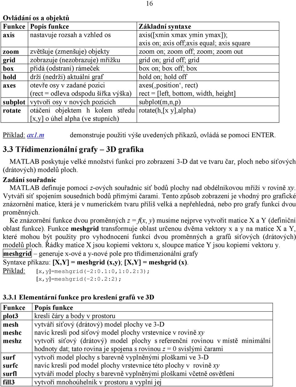 otevře osy v zadané pozici (rect = odleva odspodu šířka výška) axes( position, rect) rect = [left, bottom, width, height] subplot vytvoří osy v nových pozicích subplot(m,n,p) rotate otáčení objektem