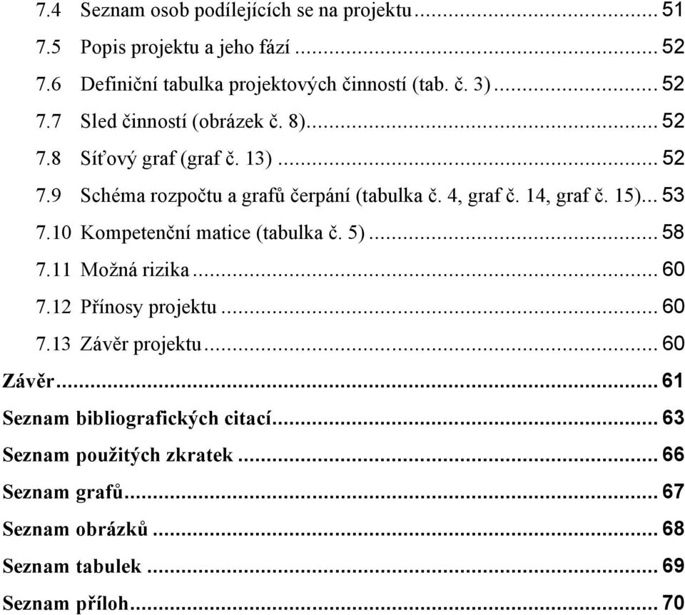 14, graf č. 15)... 53 7.10 Kompetenční matice (tabulka č. 5)... 58 7.11 Možná rizika... 60 7.12 Přínosy projektu... 60 7.13 Závěr projektu.