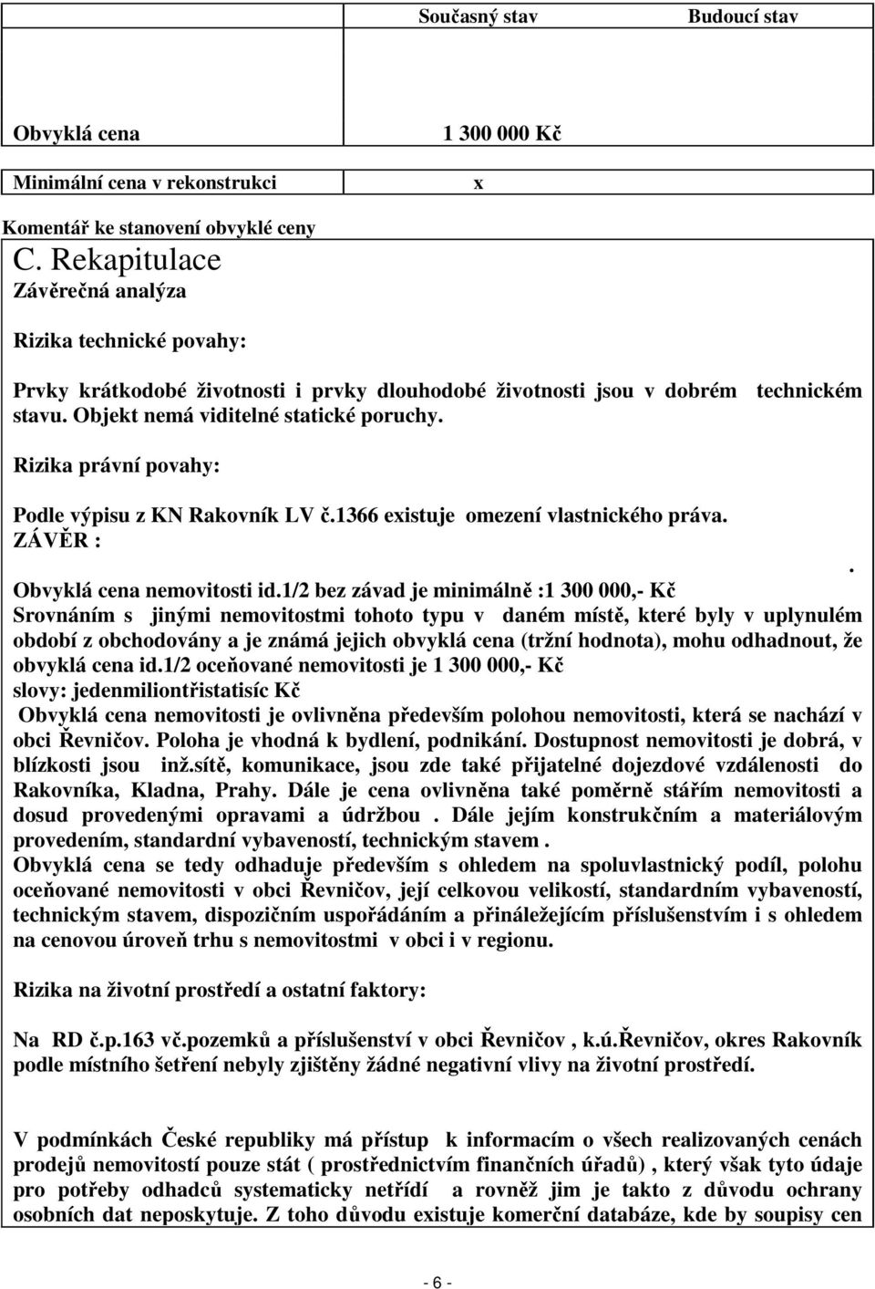 Rizika právní povahy: Podle výpisu z KN Rakovník LV č.1366 existuje omezení vlastnického práva. ZÁVĚR :. Obvyklá cena nemovitosti id.