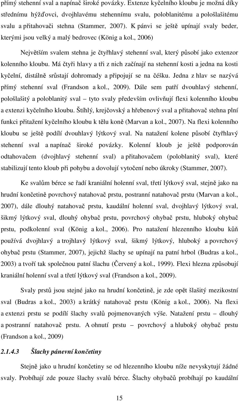 K pánvi se ještě upínají svaly beder, kterými jsou velký a malý bedrovec (König a kol., 2006) Největším svalem stehna je čtyřhlavý stehenní sval, který působí jako extenzor kolenního kloubu.