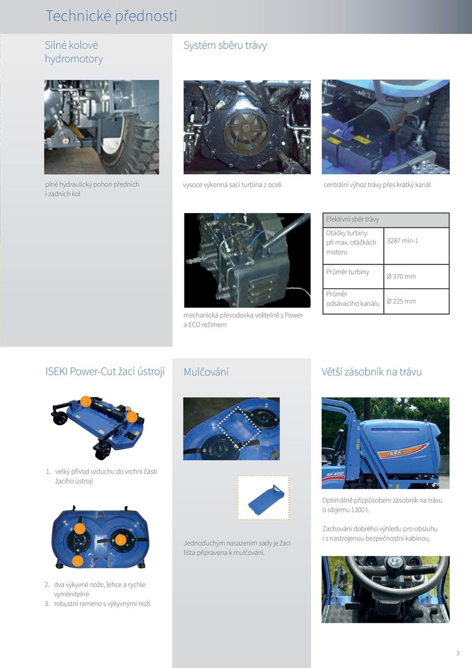 otáčkách motoru 87 min- mechanická převodovka volitelně s Power a ECO režimem Průměr turbíny Průměr odsávacího kanálu Ø 70 mm Ø 5 mm ISEKI Power-Cut žací ústrojí Mulčování Větší zásobník