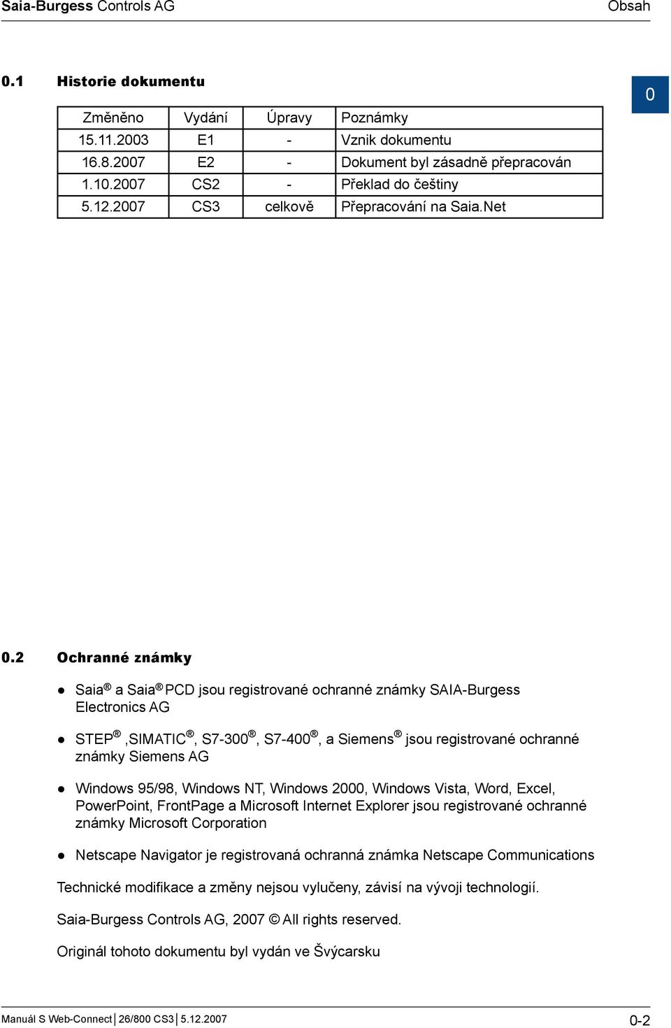 2 Ochranné známky Saia a Saia PCD jsou registrované ochranné známky SAIA-Burgess Electronics AG STEP,SIMATIC, S7-300, S7-400, a Siemens jsou registrované ochranné známky Siemens AG Windows 95/98,