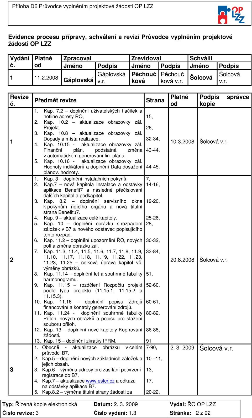 1 2 3 Předmět revize 1. Kap. 7.2 doplnění uživatelských tlačítek a hotline adresy ŘO, 2. Kap. 10.2 aktualizace obrazovky zál. Projekt. 3. Kap. 10.8 aktualizace obrazovky zál. Dopady a místa realizace.