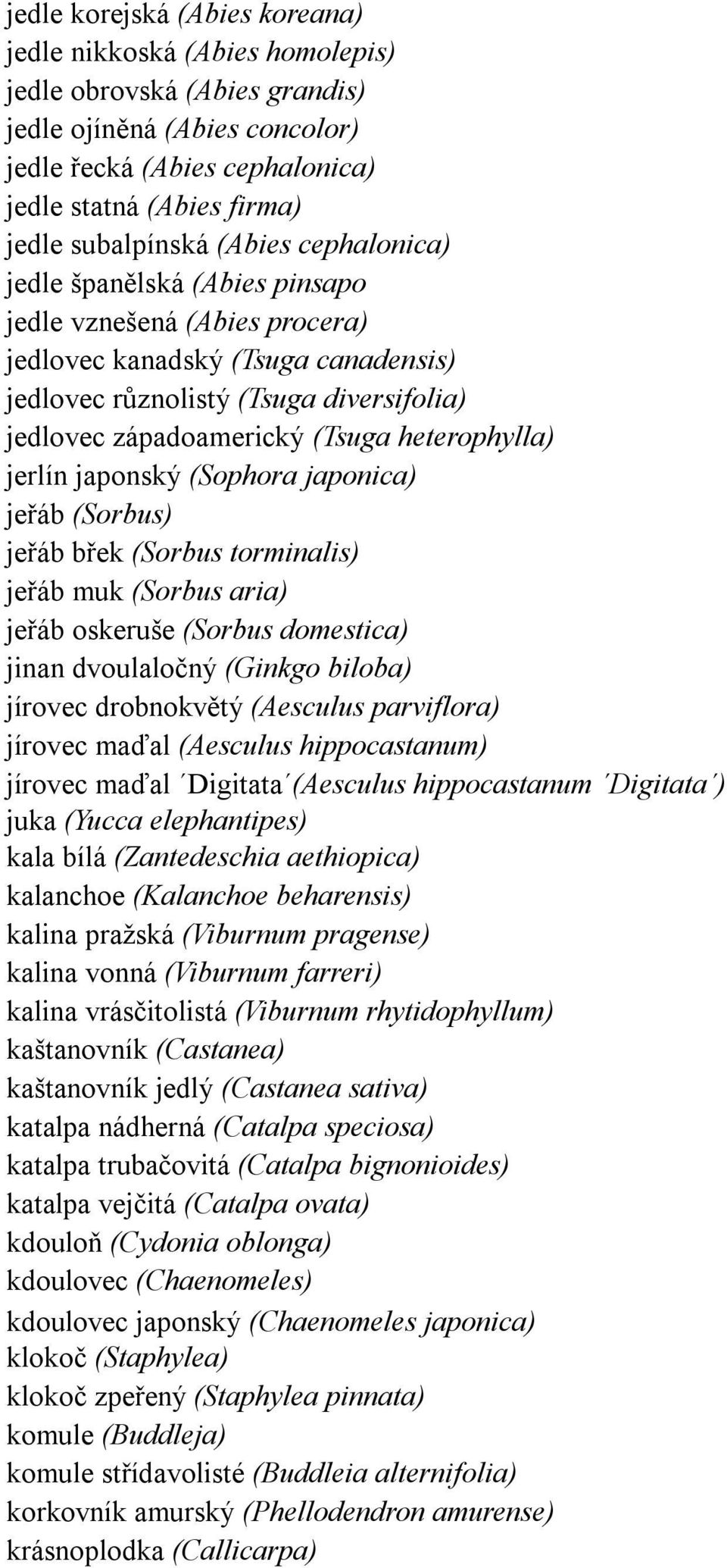 (Tsuga heterophylla) jerlín japonský (Sophora japonica) jeřáb (Sorbus) jeřáb břek (Sorbus torminalis) jeřáb muk (Sorbus aria) jeřáb oskeruše (Sorbus domestica) jinan dvoulaločný (Ginkgo biloba)