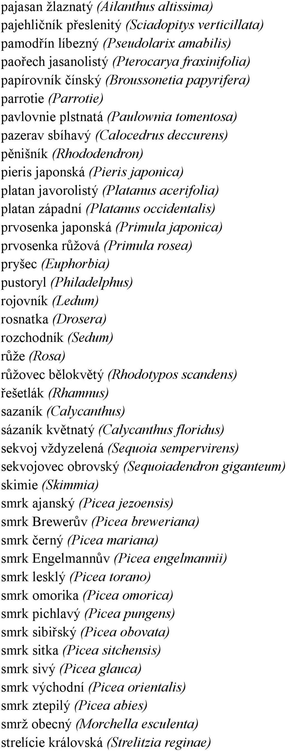 javorolistý (Platanus acerifolia) platan západní (Platanus occidentalis) prvosenka japonská (Primula japonica) prvosenka růžová (Primula rosea) pryšec (Euphorbia) pustoryl (Philadelphus) rojovník