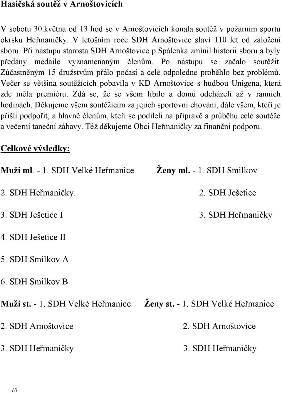 Zúčastněným 15 družstvům přálo počasí a celé odpoledne proběhlo bez problémů. Večer se většina soutěžících pobavila v KD Arnoštovice s hudbou Unigena, která zde měla premiéru.