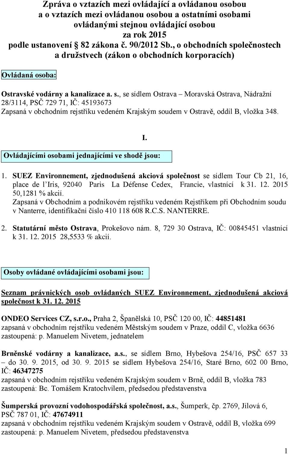 Ovládajícími osobami jednajícími ve shodě jsou: I. 1.