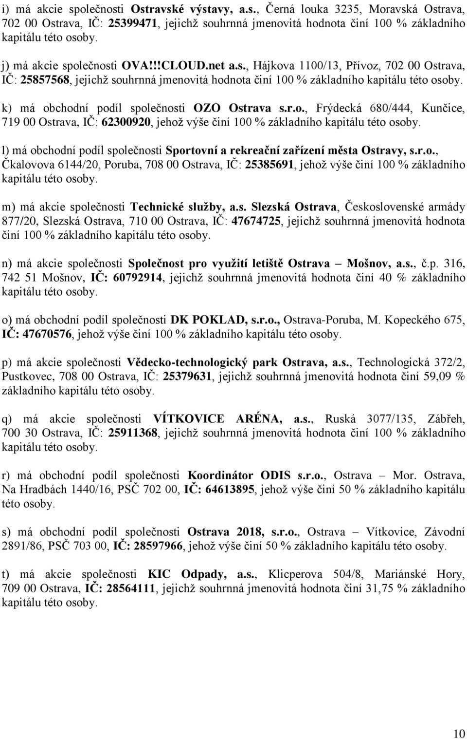 k) má obchodní podíl společnosti OZO Ostrava s.r.o., Frýdecká 680/444, Kunčice, 719 00 Ostrava, IČ: 62300920, jehož výše činí 100 % základního kapitálu této osoby.