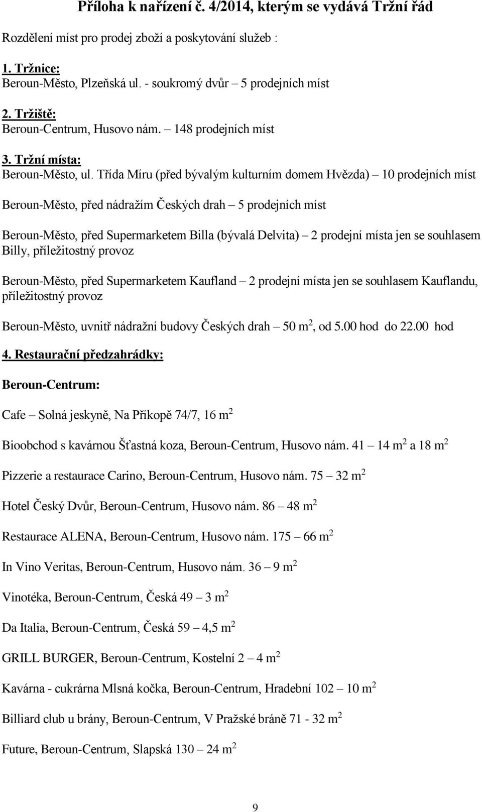 Třída Míru (před bývalým kulturním domem Hvězda) 10 prodejních míst Beroun-Město, před nádražím Českých drah 5 prodejních míst Beroun-Město, před Supermarketem Billa (bývalá Delvita) 2 prodejní místa