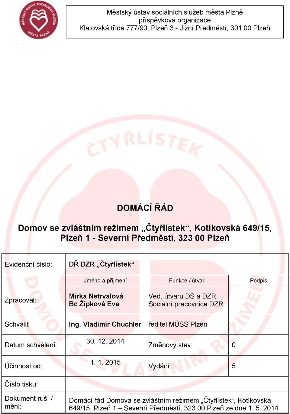 útvaru DS a DZR Sociální pracovnice DZR Schválil: Ing. Vladimír Chuchler ředitel MÚSS Plzeň Datum schválení: Účinnost od: 30. 12