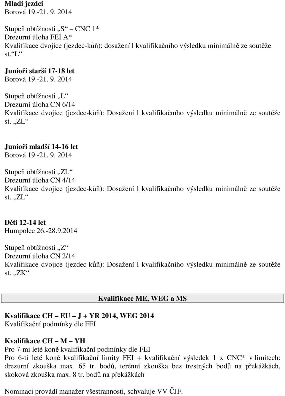 ZL Junioři mladší 14-16 let Borová 19.-21. 9. 2014 Stupeň obtížnosti ZL Drezurní úloha CN 4/14 Kvalifikace dvojice (jezdec-kůň): Dosažení l kvalifikačního výsledku minimálně ze soutěže st.