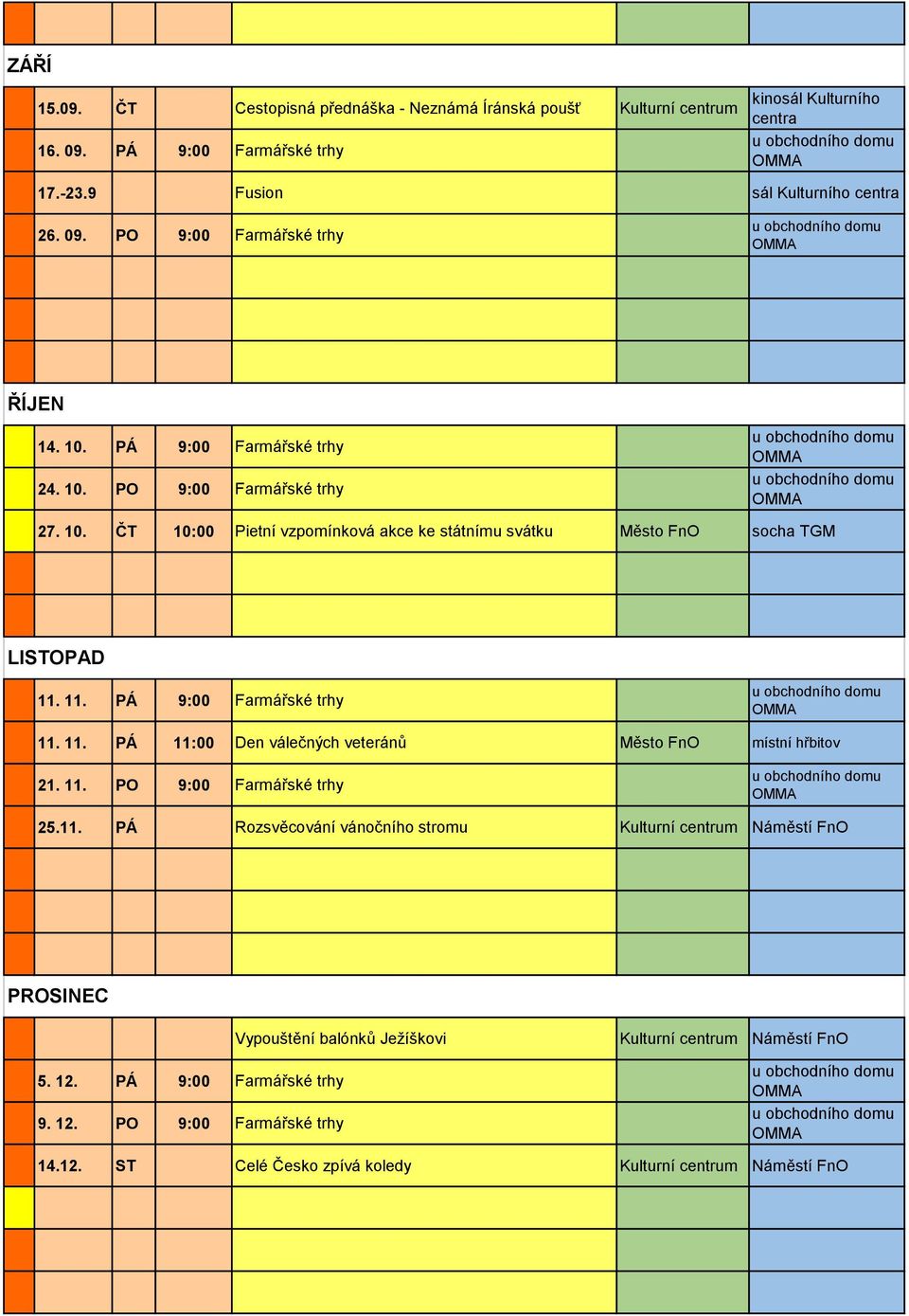 11. PÁ 9:00 Farmářské trhy 11. 11. PÁ 11:00 Den válečných veteránů Město FnO místní hřbitov 21. 11. PO 9:00 Farmářské trhy 25.11. PÁ Rozsvěcování vánočního stromu Náměstí FnO PROSINEC Vypouštění balónků Ježíškovi Náměstí FnO 5.