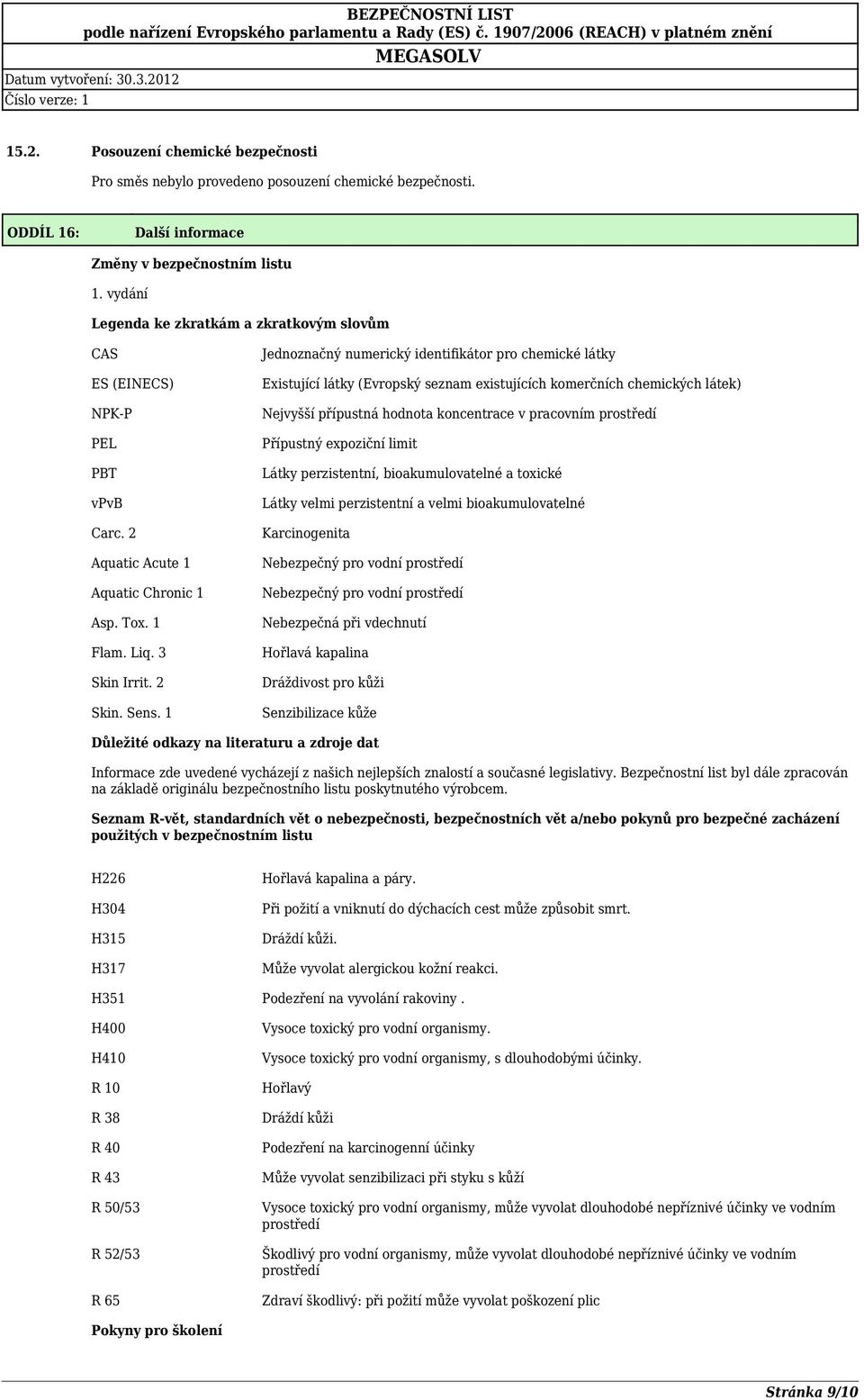 1 Jednoznačný numerický identifikátor pro chemické látky Existující látky (Evropský seznam existujících komerčních chemických látek) Nejvyšší přípustná hodnota koncentrace v pracovním prostředí