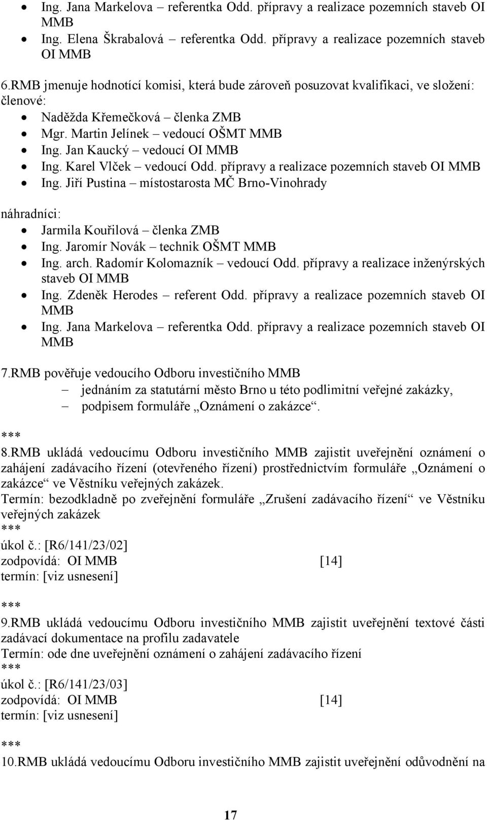 Karel Vlček vedoucí Odd. přípravy a realizace pozemních staveb OI MMB Ing. Jiří Pustina místostarosta MČ Brno-Vinohrady náhradníci: Jarmila Kouřilová členka ZMB Ing.