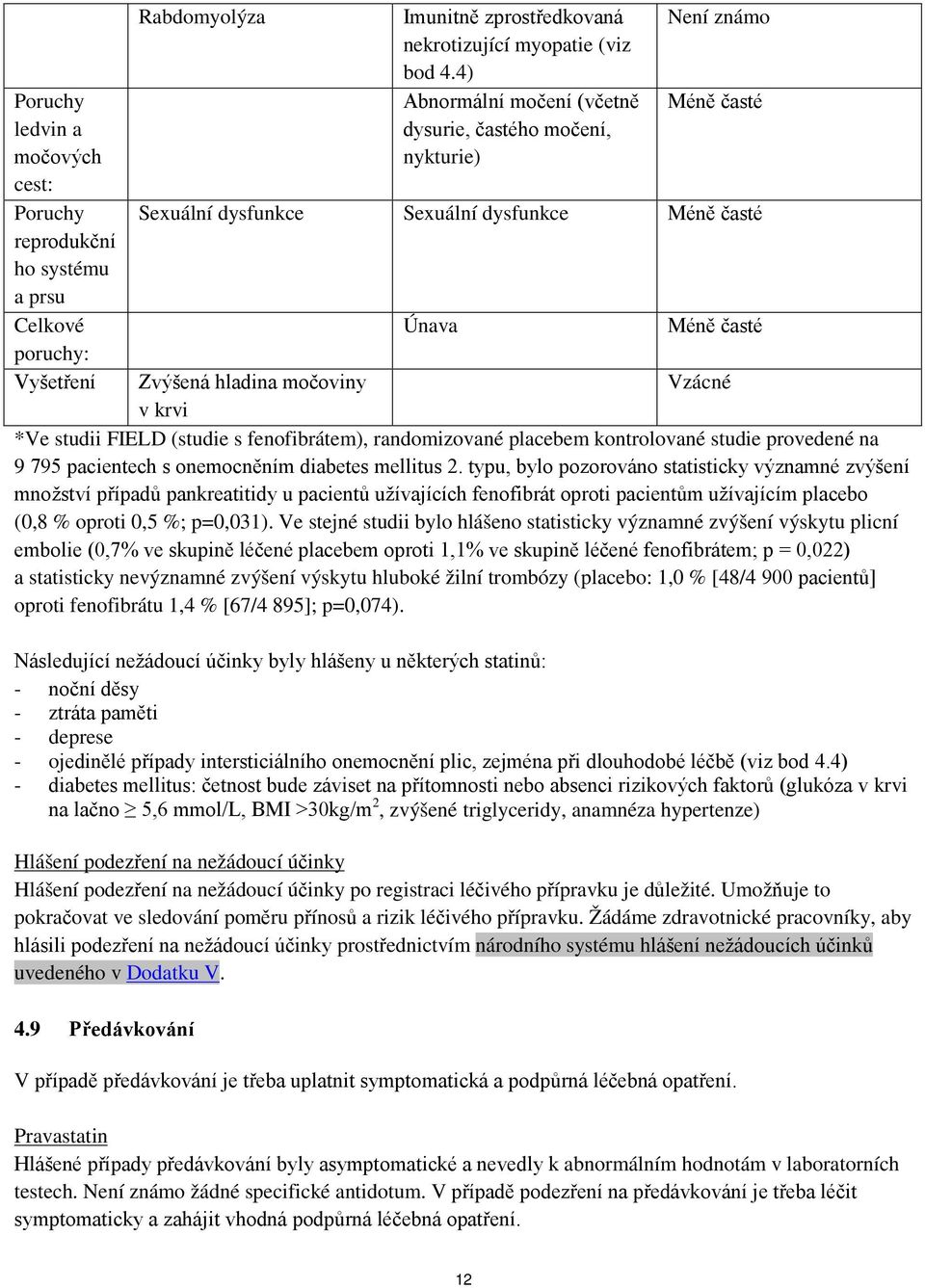 studii FIELD (studie s fenofibrátem), randomizované placebem kontrolované studie provedené na 9 795 pacientech s onemocněním diabetes mellitus 2.