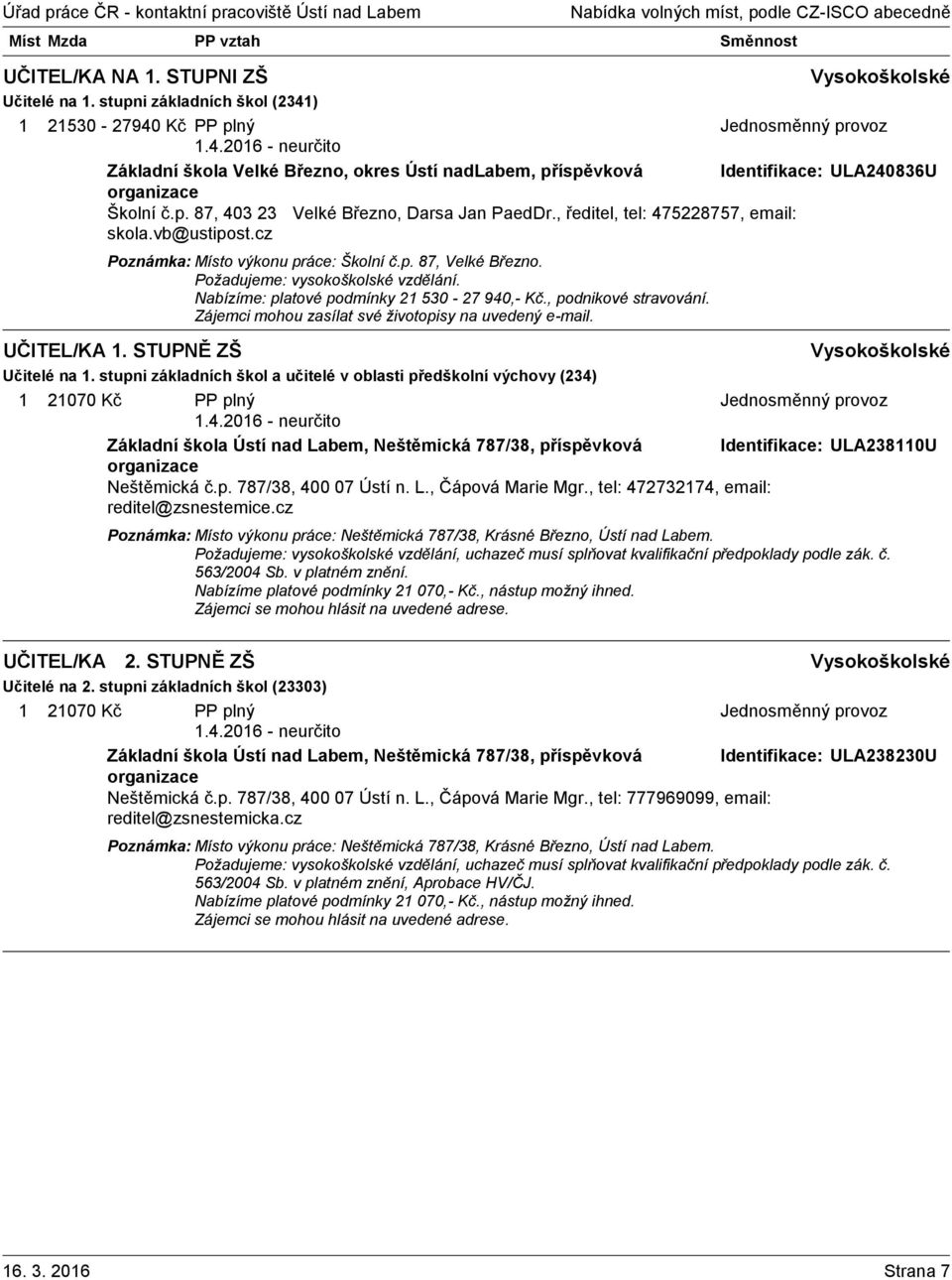 , podnikové stravování. Zájemci mohou zasílat své životopisy na uvedený e-mail. UČITEL/KA 1. STUPNĚ ZŠ Učitelé na 1.