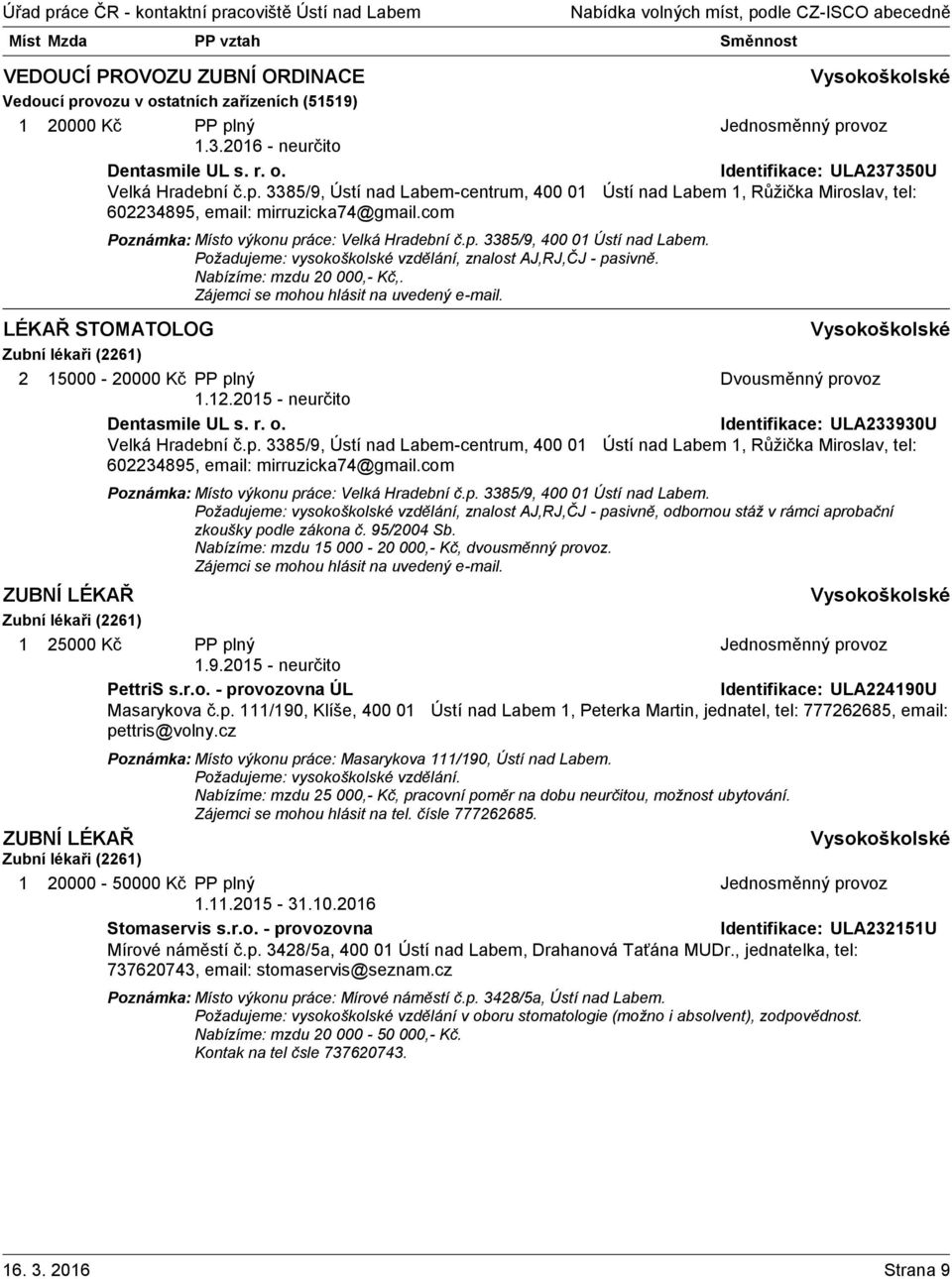 Zájemci se mohou hlásit na uvedený e-mail. LÉKAŘ STOMATOLOG 2 15000-20000 Kč PP plný Dvousměnný provoz 1.12.2015 - neurčito Dentasmile UL s. r. o. Identifikace: ULA233930U Velká Hradební č.p. 3385/9, Ústí nad Labem-centrum, 400 01 Ústí nad Labem 1, Růžička Miroslav, tel: 602234895, email: mirruzicka74@gmail.