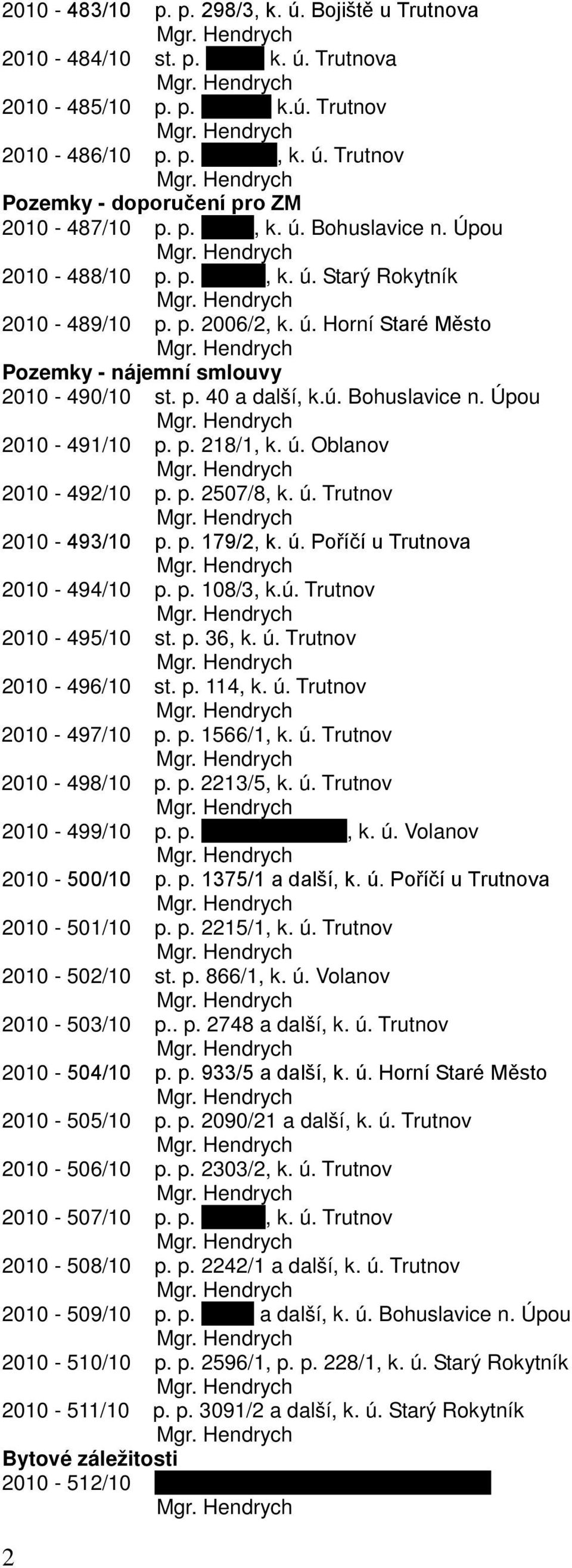 ú. Oblanov 2010-492/10 p. p. 2507/8, k. ú. Trutnov 2010-493/10 p. p. 179/2, k. ú. Poříčí u Trutnova 2010-494/10 p. p. 108/3, k.ú. Trutnov 2010-495/10 st. p. 36, k. ú. Trutnov 2010-496/10 st. p. 114, k.