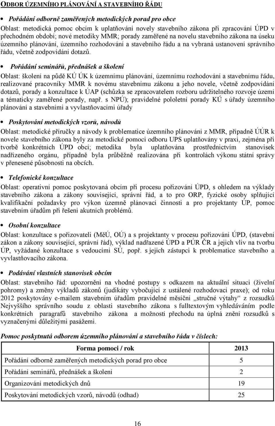 Pořádání seminářů, přednášek a školení Oblast: školení na půdě KÚ ÚK k územnímu plánování, územnímu rozhodování a stavebnímu řádu, realizované pracovníky MMR k novému stavebnímu zákonu a jeho novele,