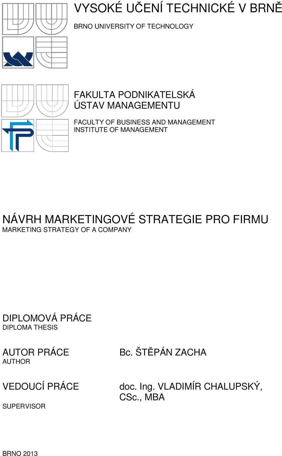 STRATEGIE PRO FIRMU MARKETING STRATEGY OF A COMPANY DIPLOMOVÁ PRÁCE DIPLOMA THESIS AUTOR