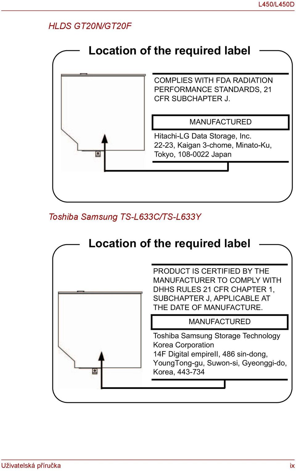 22-23, Kaigan 3-chome, Minato-Ku, Tokyo, 108-0022 Japan Toshiba Samsung TS-L633C/TS-L633Y Location of the required label PRODUCT IS CERTIFIED BY THE