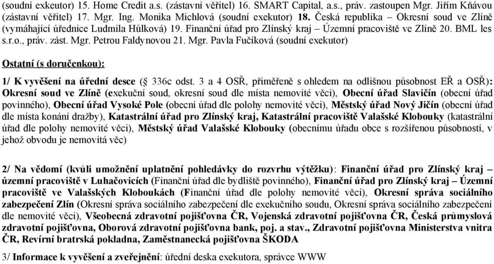 Mgr. Pavla Fučíková (soudní exekutor) Ostatní (s doručenkou): 1/ K vyvěšení na úřední desce ( 336c odst.