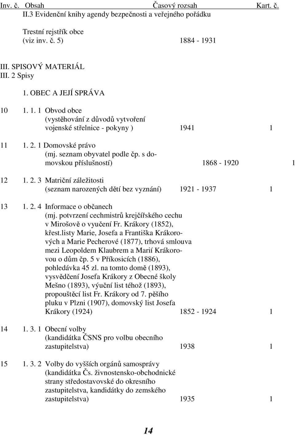 s domovskou příslušností) 1868-1920 1 12 1. 2. 3 Matriční záležitosti (seznam narozených dětí bez vyznání) 1921-1937 1 13 1. 2. 4 Informace o občanech (mj.