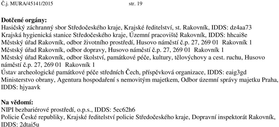 p. 27, 269 01 Rakovník 1 Městský úřad Rakovník, odbor školství, památkové péče, kultury, tělovýchovy a cest. ruchu, Husovo náměstí č.p. 27, 269 01 Rakovník 1 Ústav archeologické památkové péče
