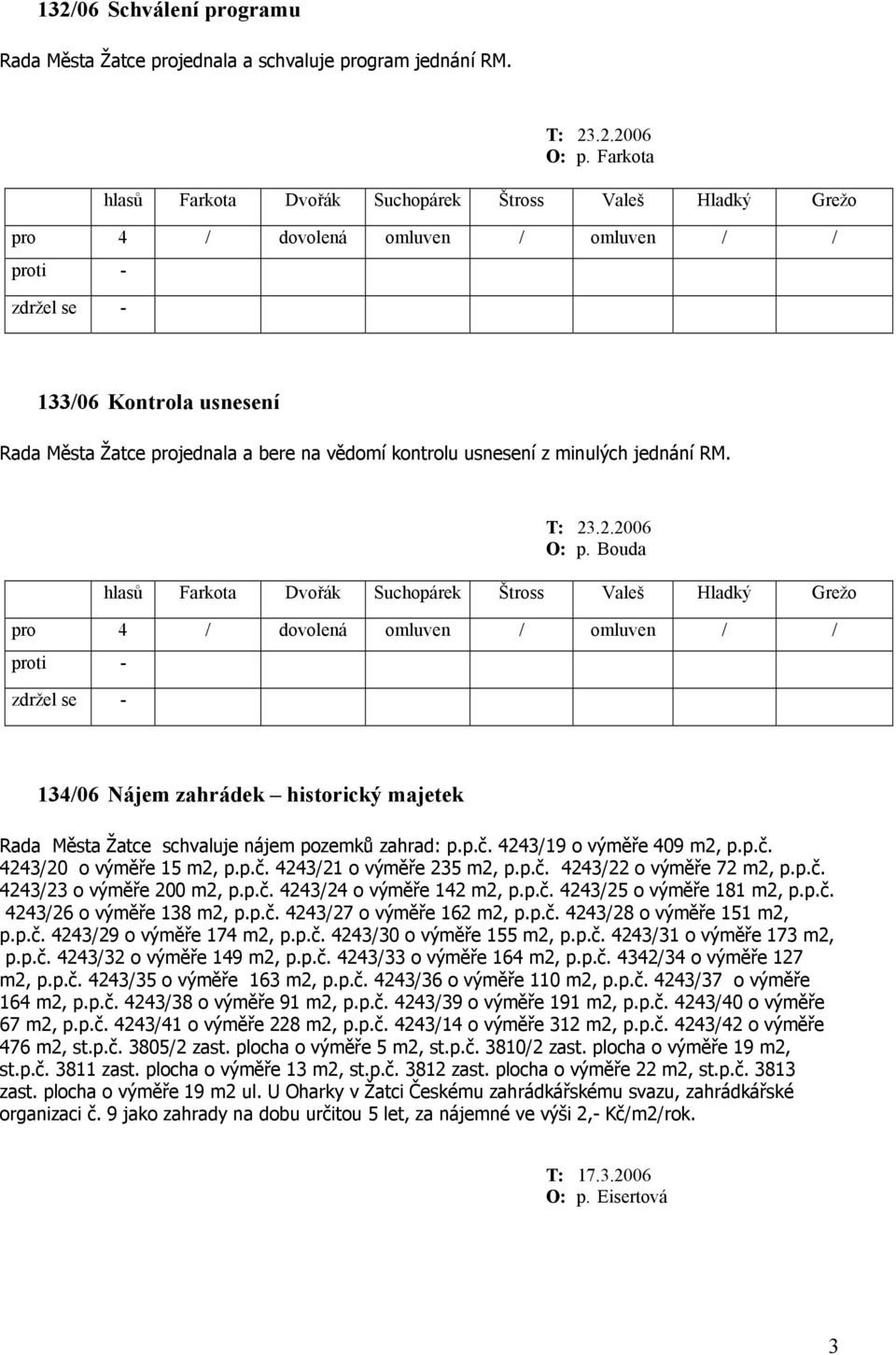 Bouda 134/06 Nájem zahrádek historický majetek Rada Města Žatce schvaluje nájem pozemků zahrad: p.p.č. 4243/19 o výměře 409 m2, p.p.č. 4243/20 o výměře 15 m2, p.p.č. 4243/21 o výměře 235 m2, p.p.č. 4243/22 o výměře 72 m2, p.