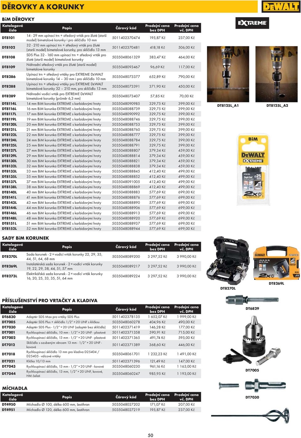 žluté (starší model) bimetalové korunky, pro sklíčidlo 13 mm 5011402370481 418,18 Kč 506,00 Kč DT8108 SDS Plus 32-160 mm upínací trn + středový vrták pro žluté (starší model) bimetalové korunky