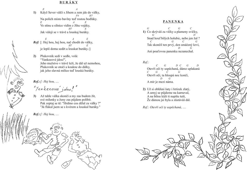 ", Jeho mužstvo v trávě leží, že dál už nemohou, Plukovník se otočí a koukne do dálky, jak jeho slavná milice teď louská buráky. [: Hej hou,.