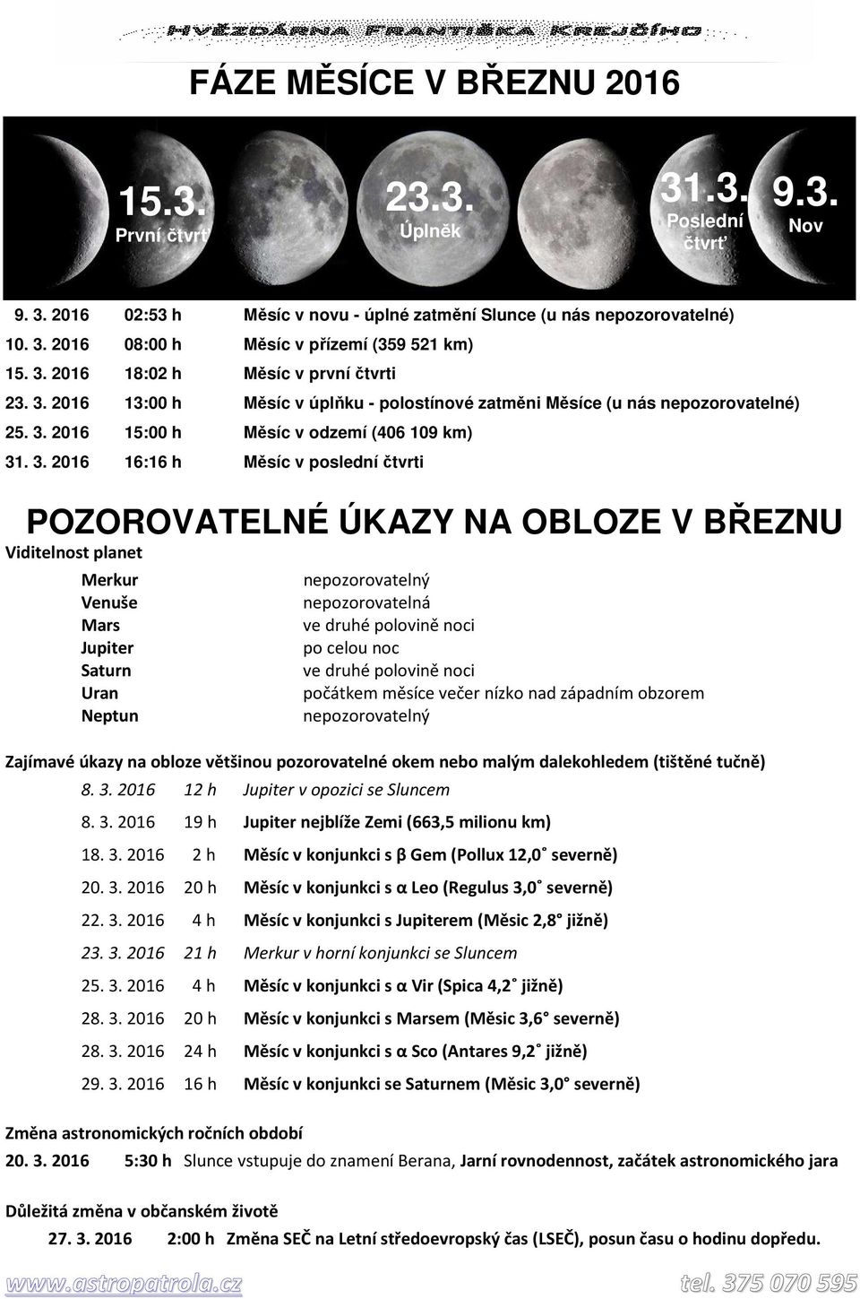 2016 13:00 h Měsíc v úplňku - polostínové zatměni Měsíce (u nás nepozorovatelné) 25. 3.