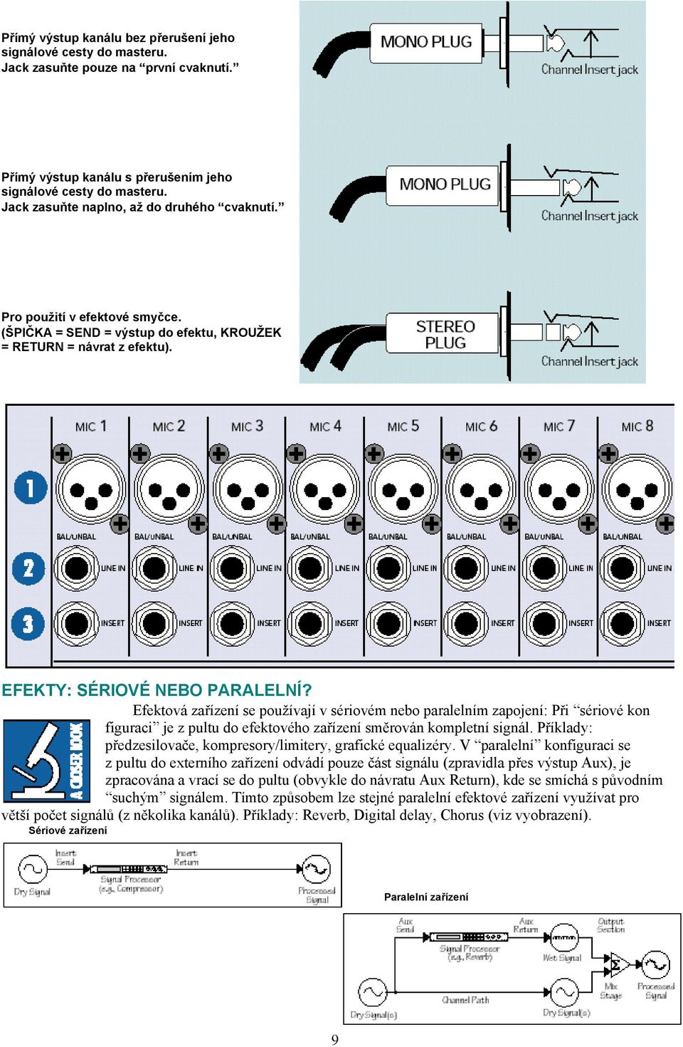 Efektová zařízení se používají v sériovém nebo paralelním zapojení: Při sériové kon figuraci je z pultu do efektového zařízení směrován kompletní signál.