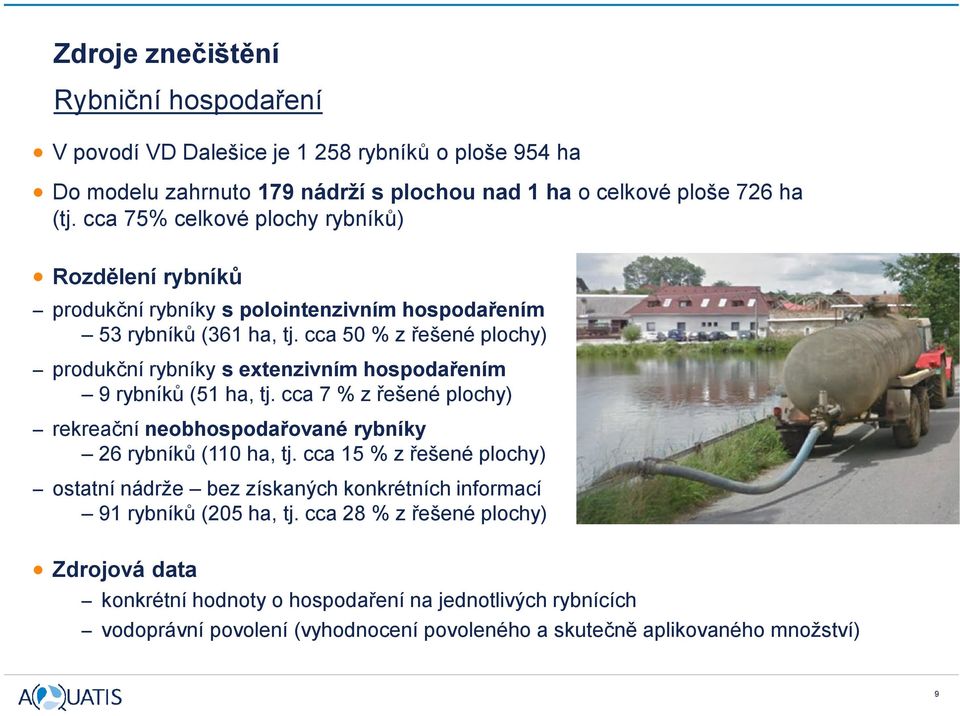 cca 50 % z řešené plochy) produkční rybníky s extenzivním hospodařením 9 rybníků (51 ha, tj. cca 7 % z řešené plochy) rekreační neobhospodařované rybníky 26 rybníků (110 ha, tj.